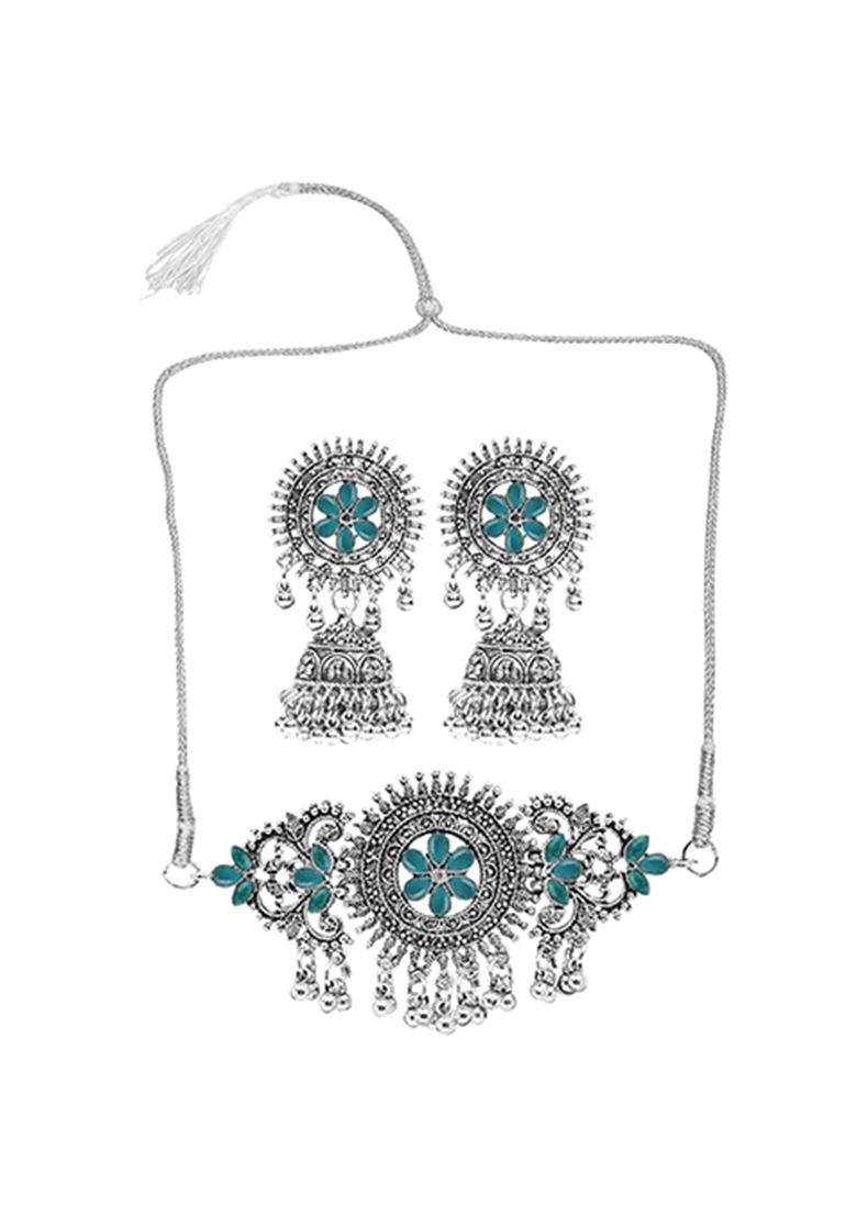 Silver Plated Green Choker Alloy Necklace Set