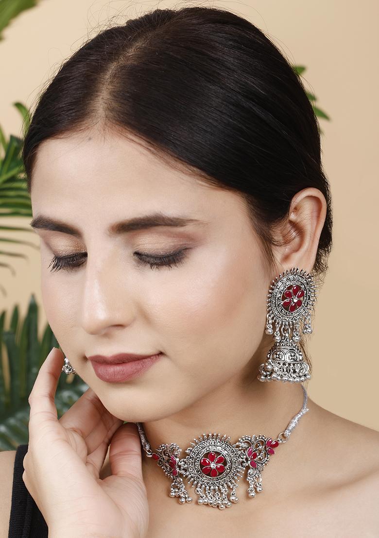 Silver Plated Maroon Choker Alloy Necklace Set