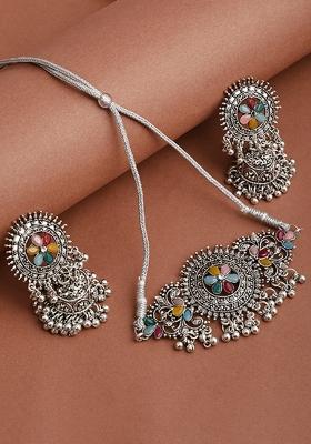 Silver Plated Multi Choker Alloy Necklace Set