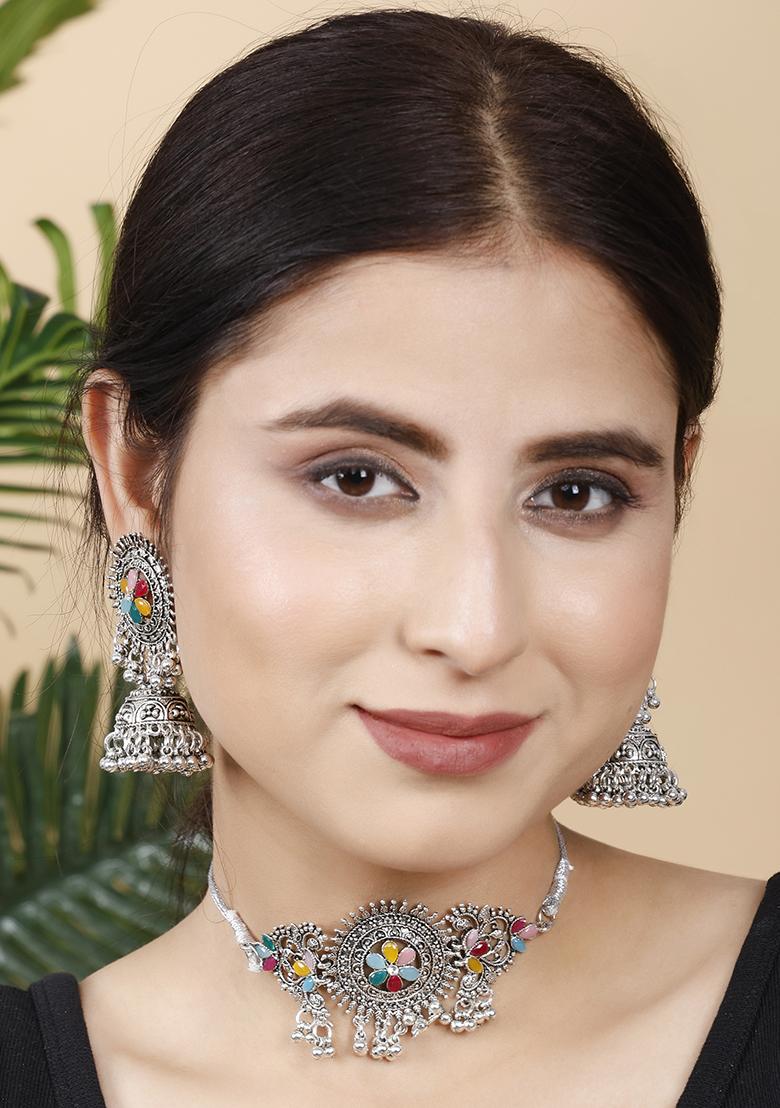 Silver Plated Multi Choker Alloy Necklace Set