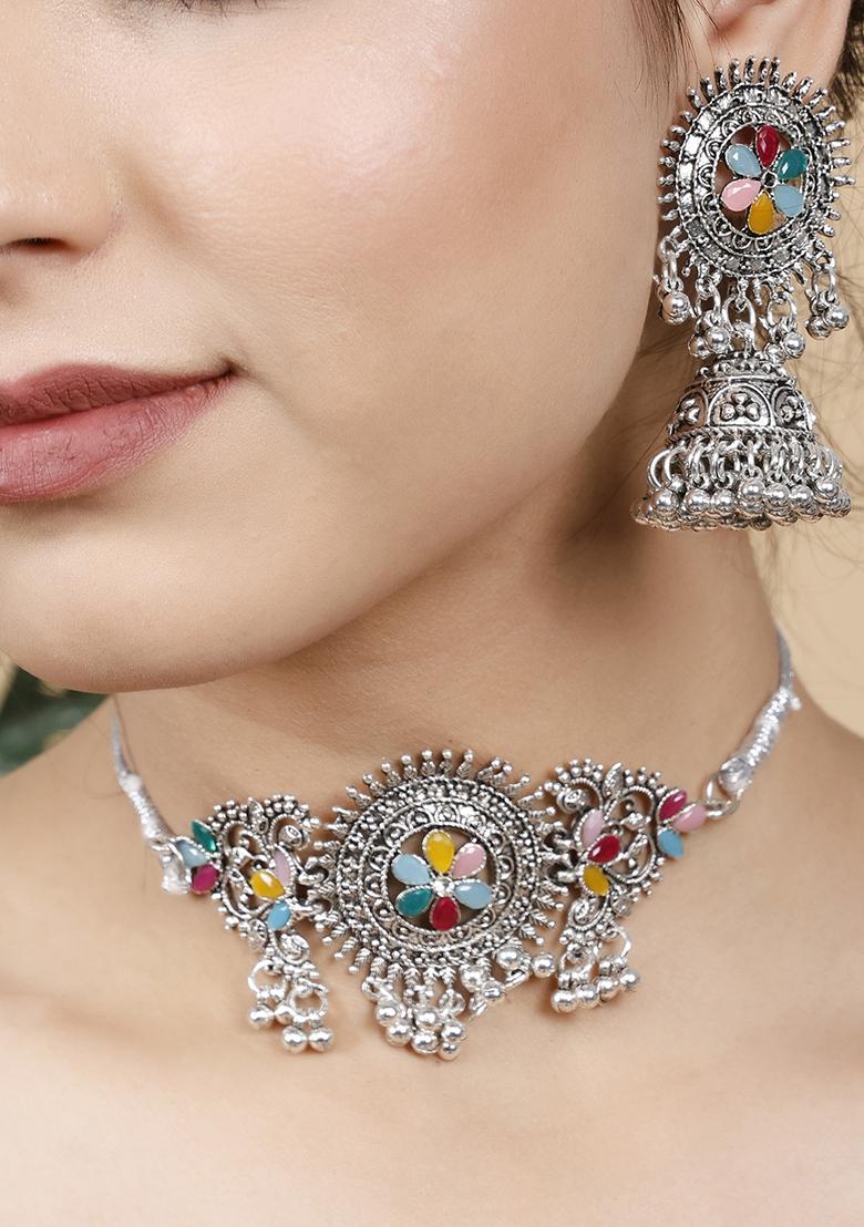 Silver Plated Multi Choker Alloy Necklace Set