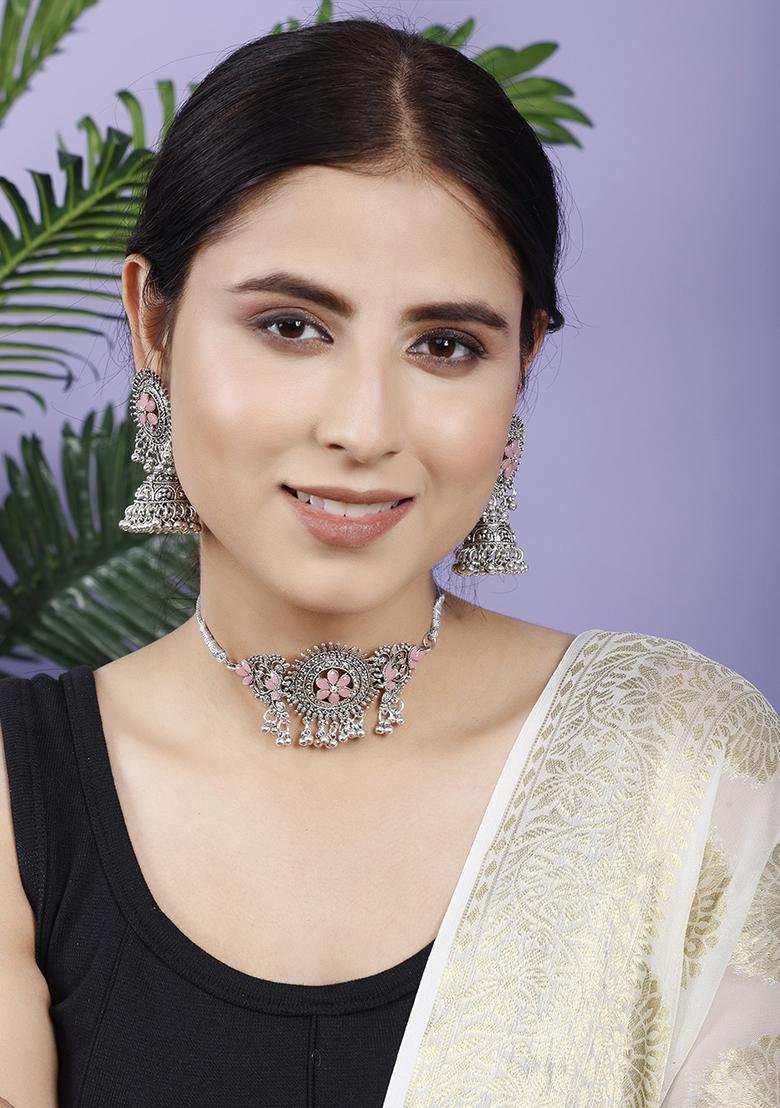 Silver Plated Pink Choker Alloy Necklace Set