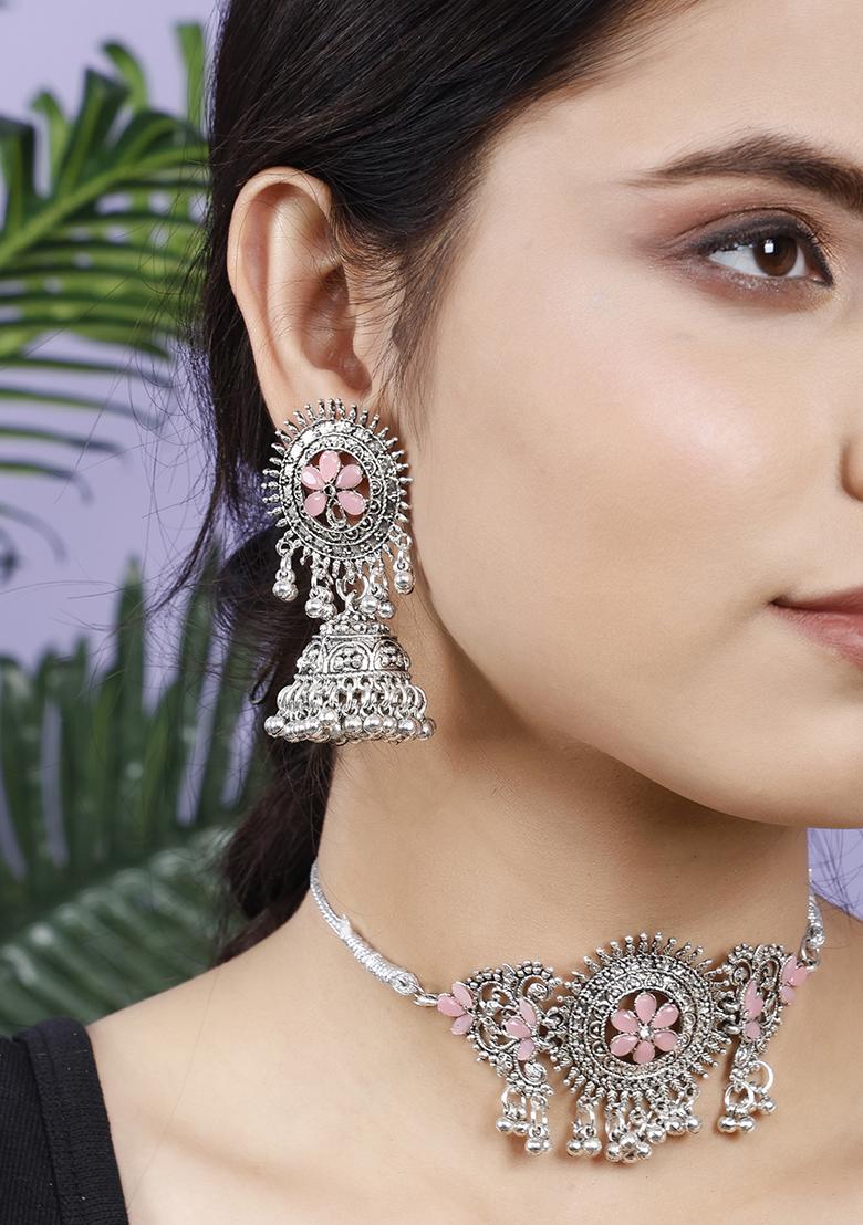 Silver Plated Pink Choker Alloy Necklace Set