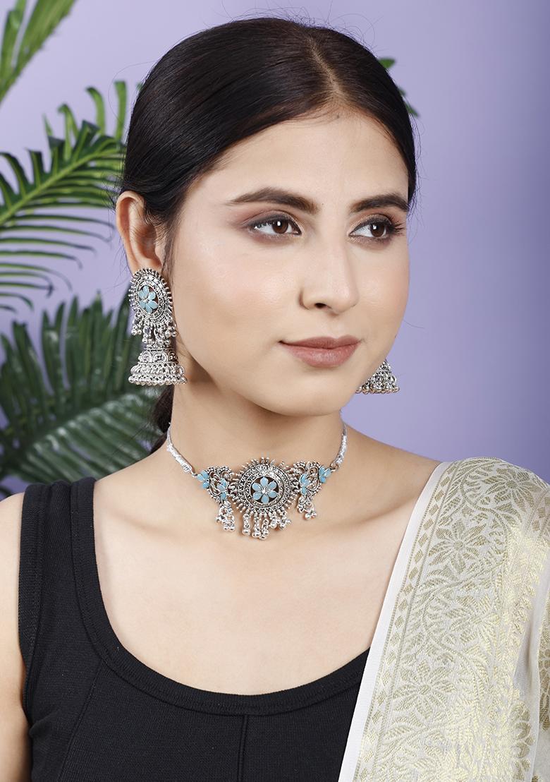 Silver Plated Blue Choker Alloy Necklace Set