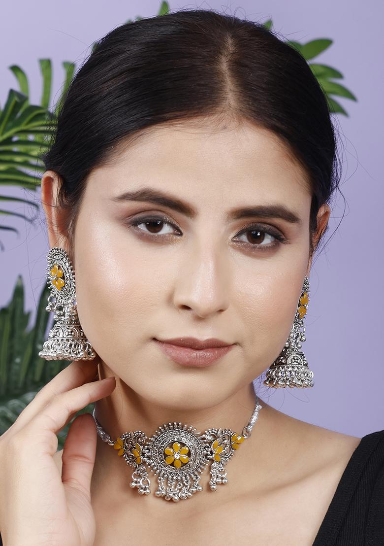 Silver Plated Yellow Choker Alloy Necklace Set