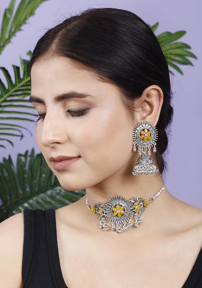 Silver Plated Yellow Choker Alloy Necklace Set