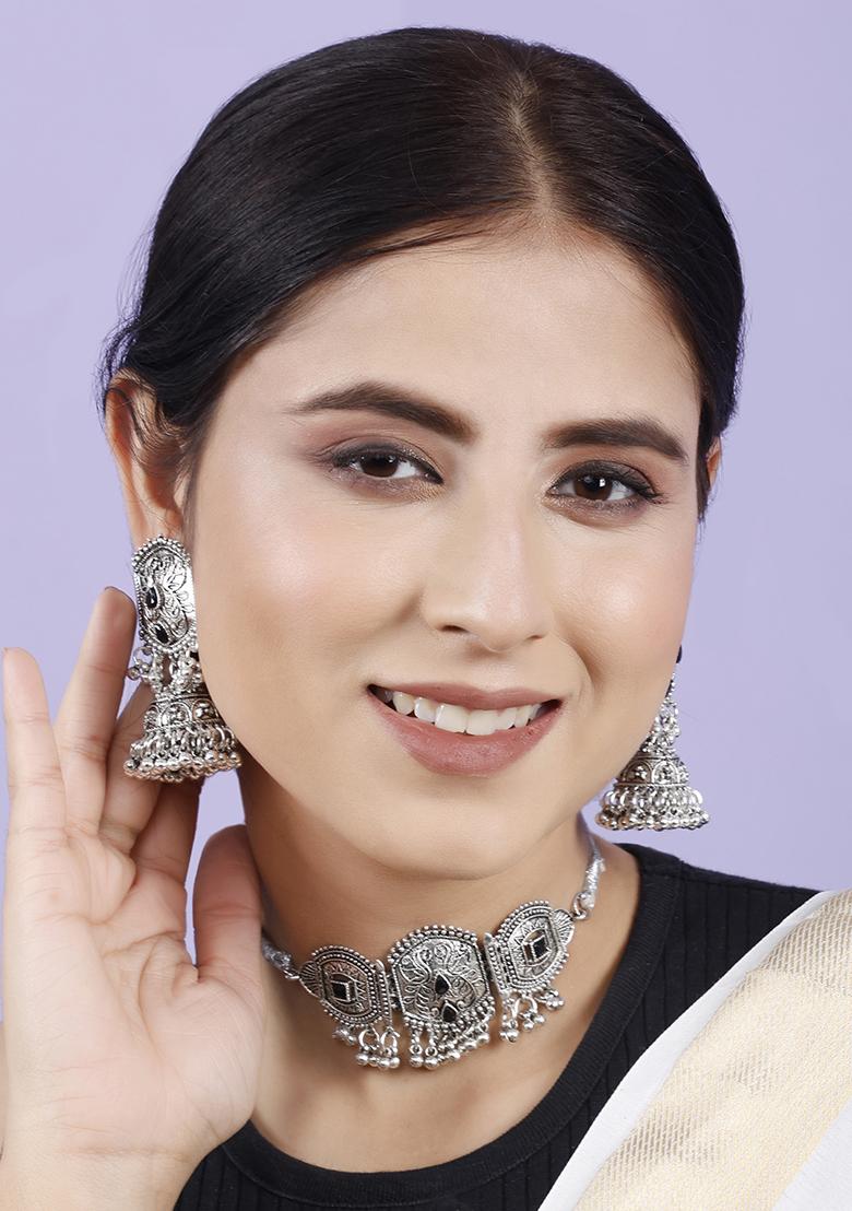 Silver Plated Black Choker Alloy Necklace Set