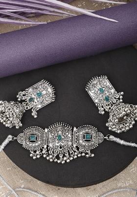 Silver Plated Green Choker Alloy Necklace Set