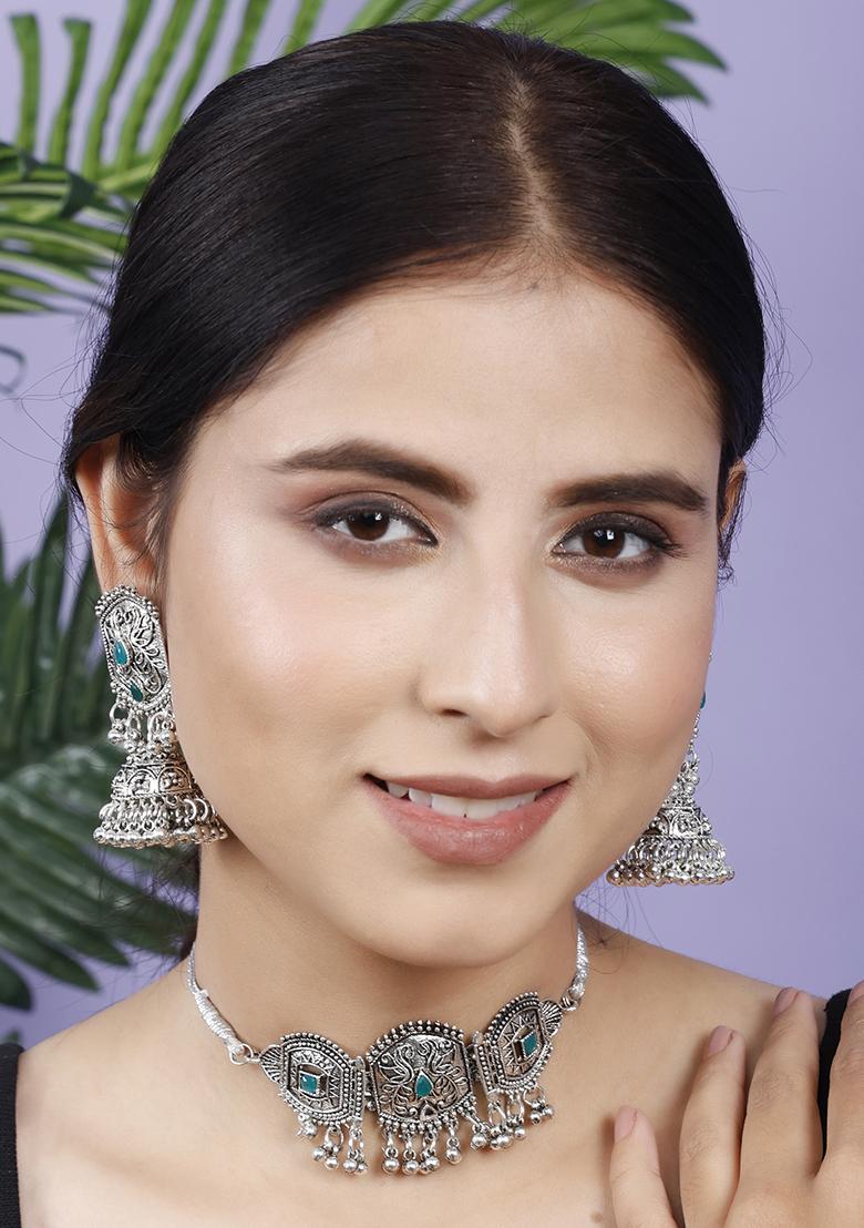 Silver Plated Green Choker Alloy Necklace Set
