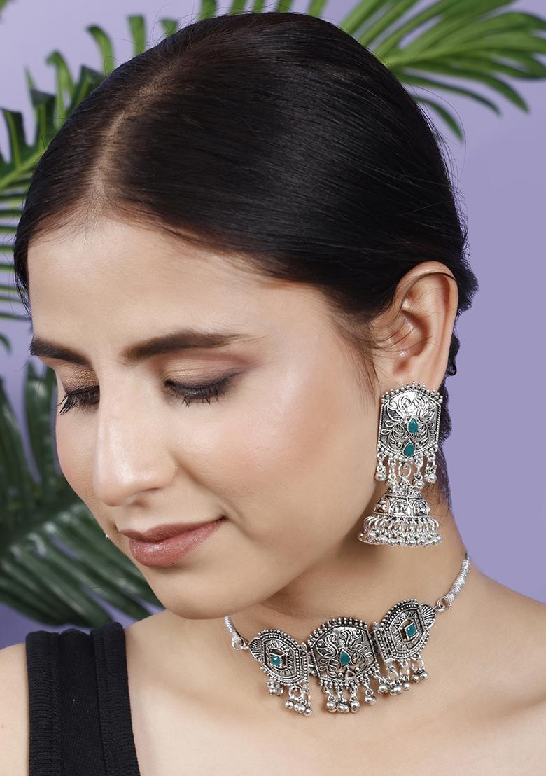 Silver Plated Green Choker Alloy Necklace Set