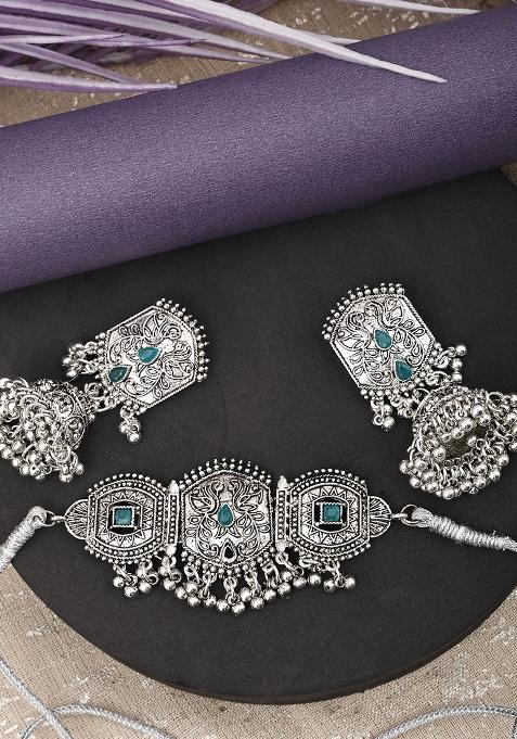 Silver Plated Green Choker Alloy Necklace Set
