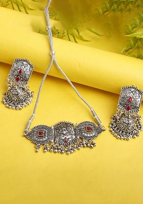 Silver Plated Maroon Choker Alloy Necklace Set