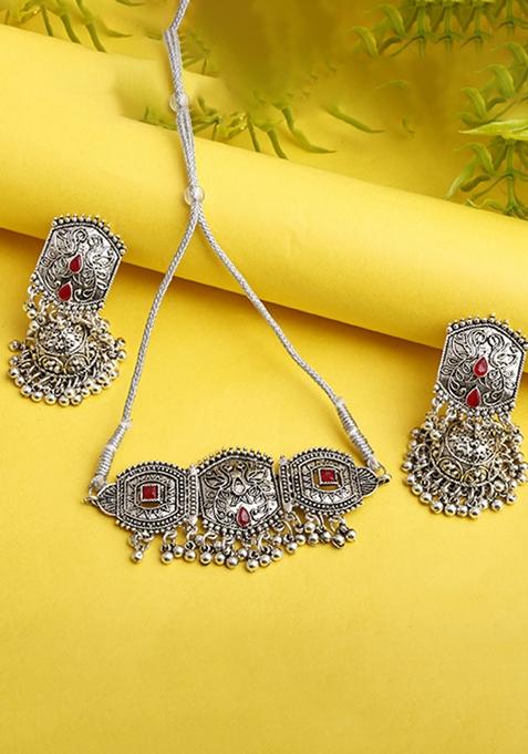 Silver Plated Maroon Choker Alloy Necklace Set