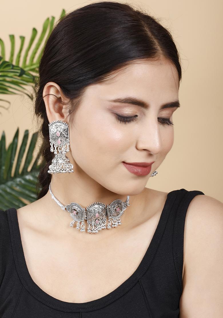 Silver Plated Pink Choker Alloy Necklace Set