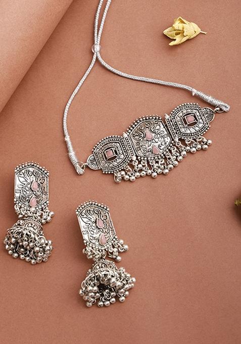 Silver Plated Pink Choker Alloy Necklace Set