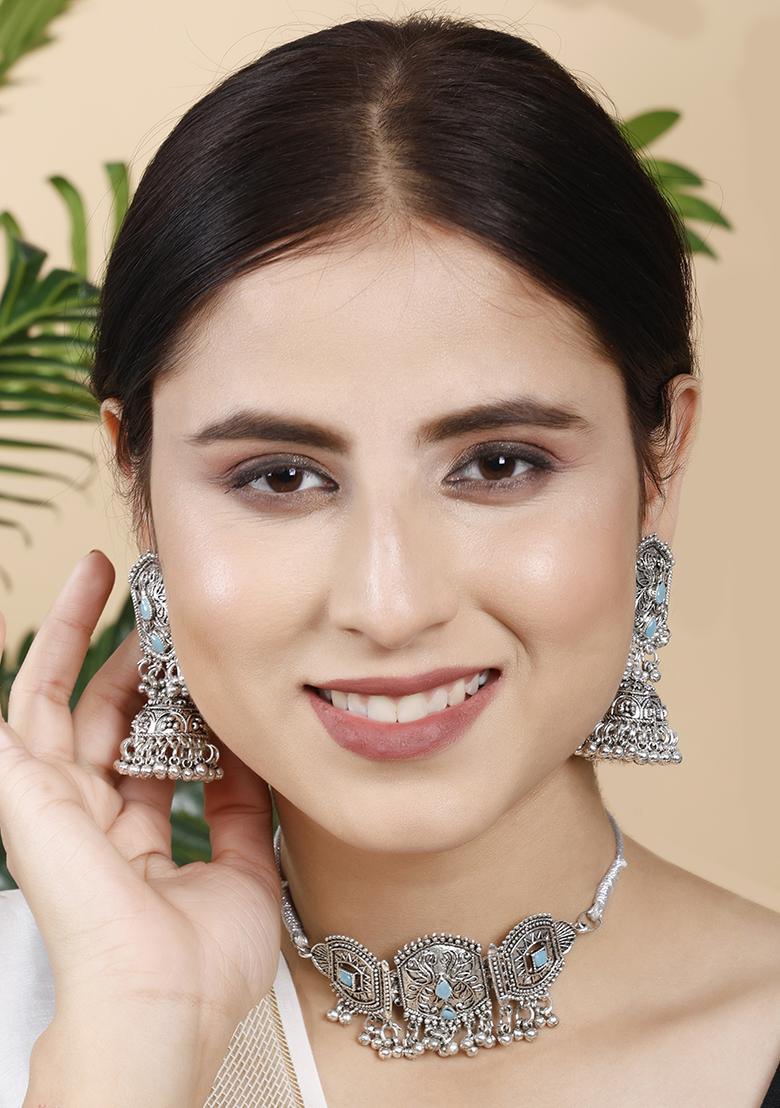 Silver Plated Blue Choker Alloy Necklace Set