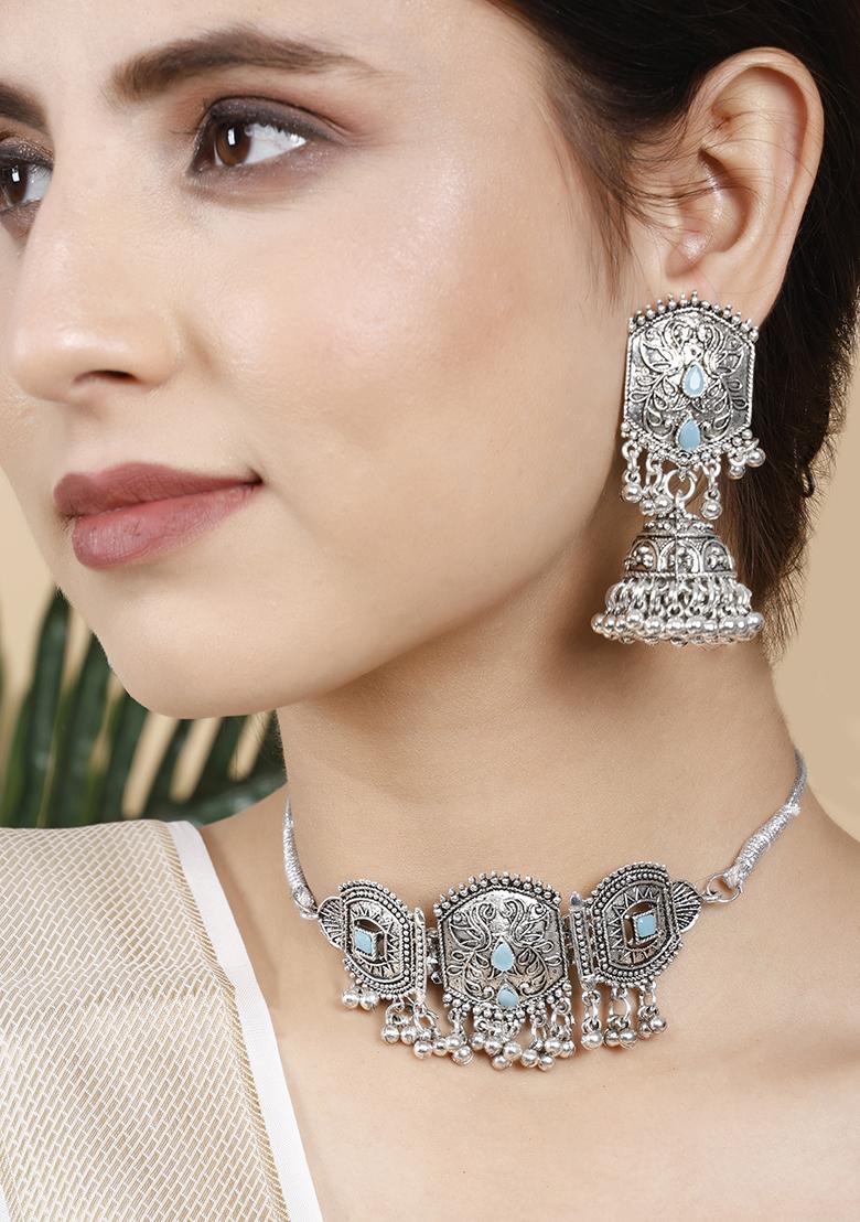 Silver Plated Blue Choker Alloy Necklace Set