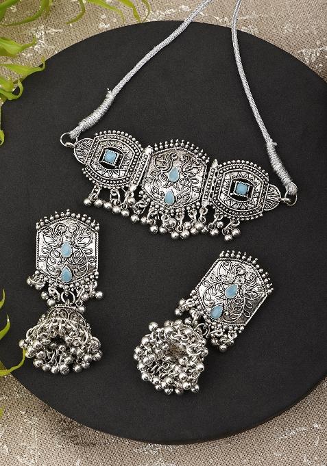 Silver Plated Blue Choker Alloy Necklace Set