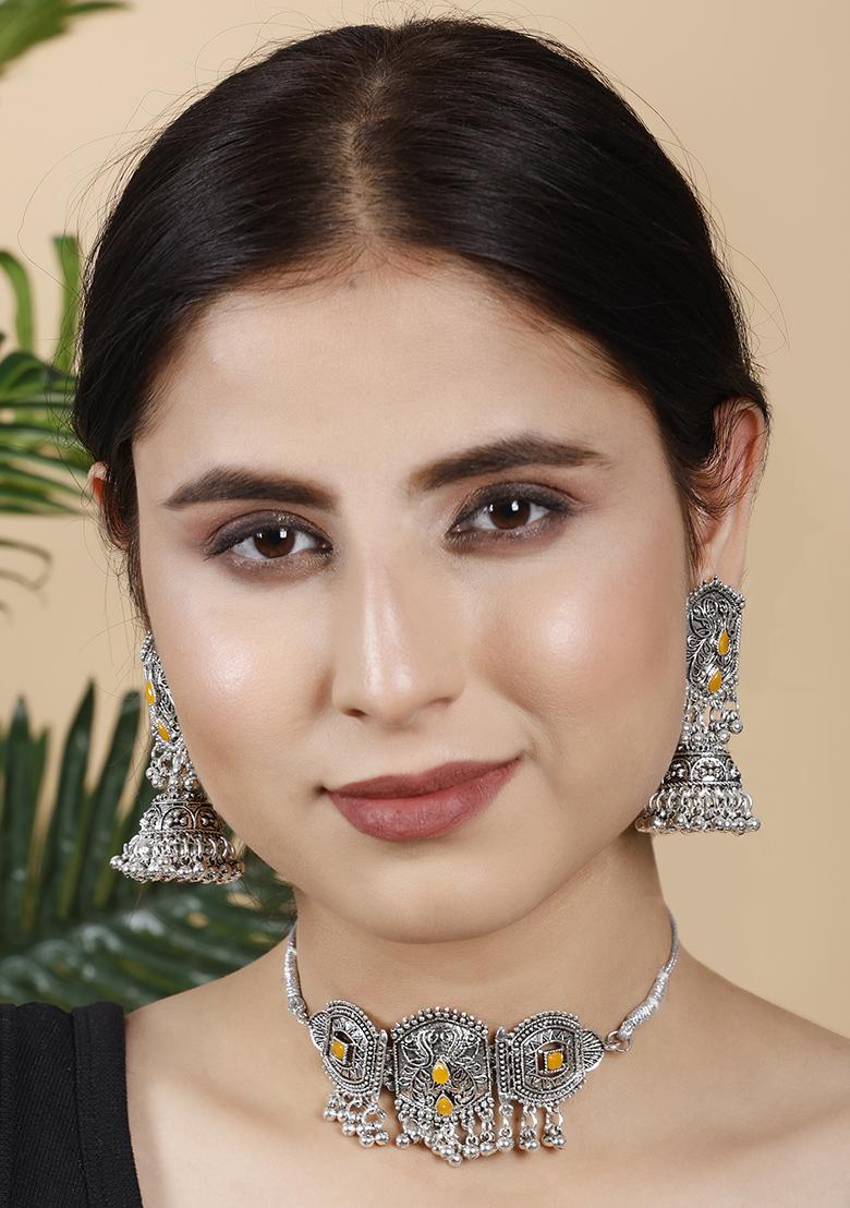 Silver Plated Yellow Choker Alloy Necklace Set