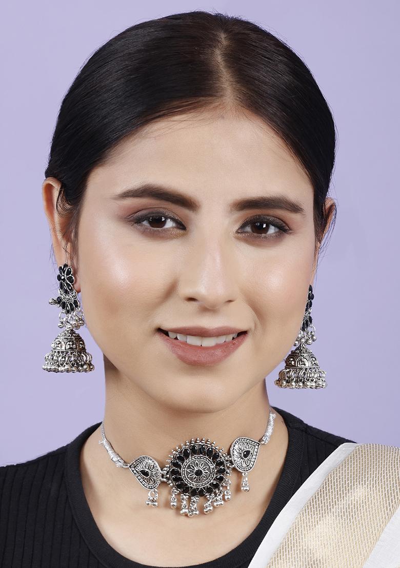 Silver Plated Black Choker Alloy Necklace Set