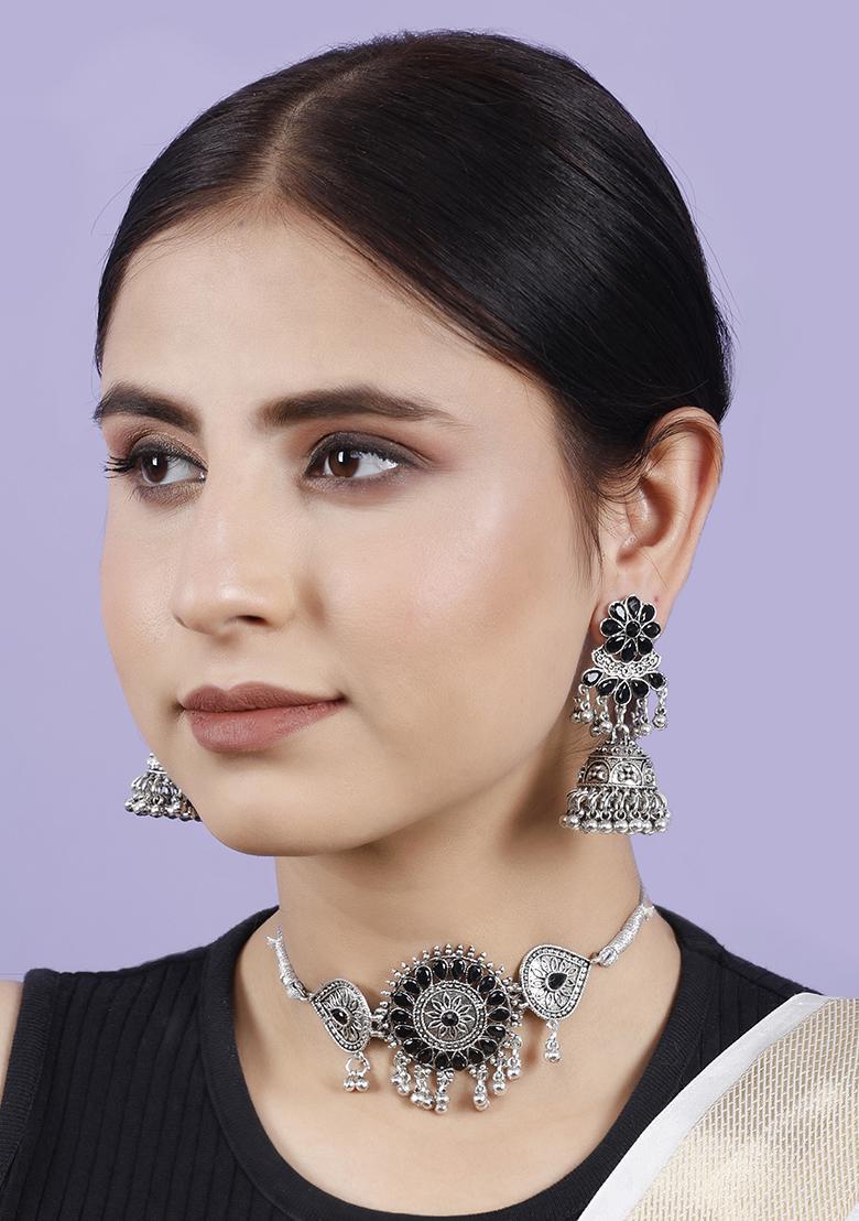 Silver Plated Black Choker Alloy Necklace Set