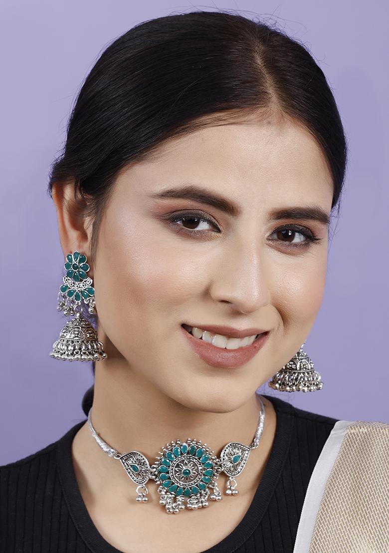 Silver Plated Green Choker Alloy Necklace Set