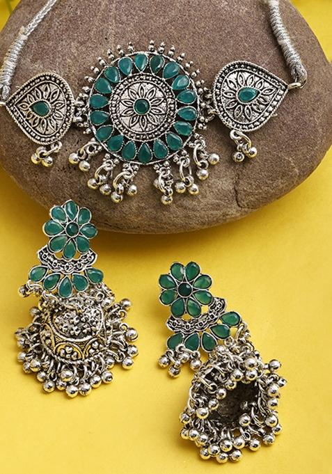 Silver Plated Green Choker Alloy Necklace Set