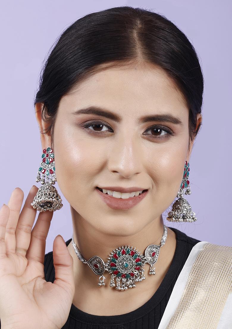 Silver Plated Multi Choker Alloy Necklace Set