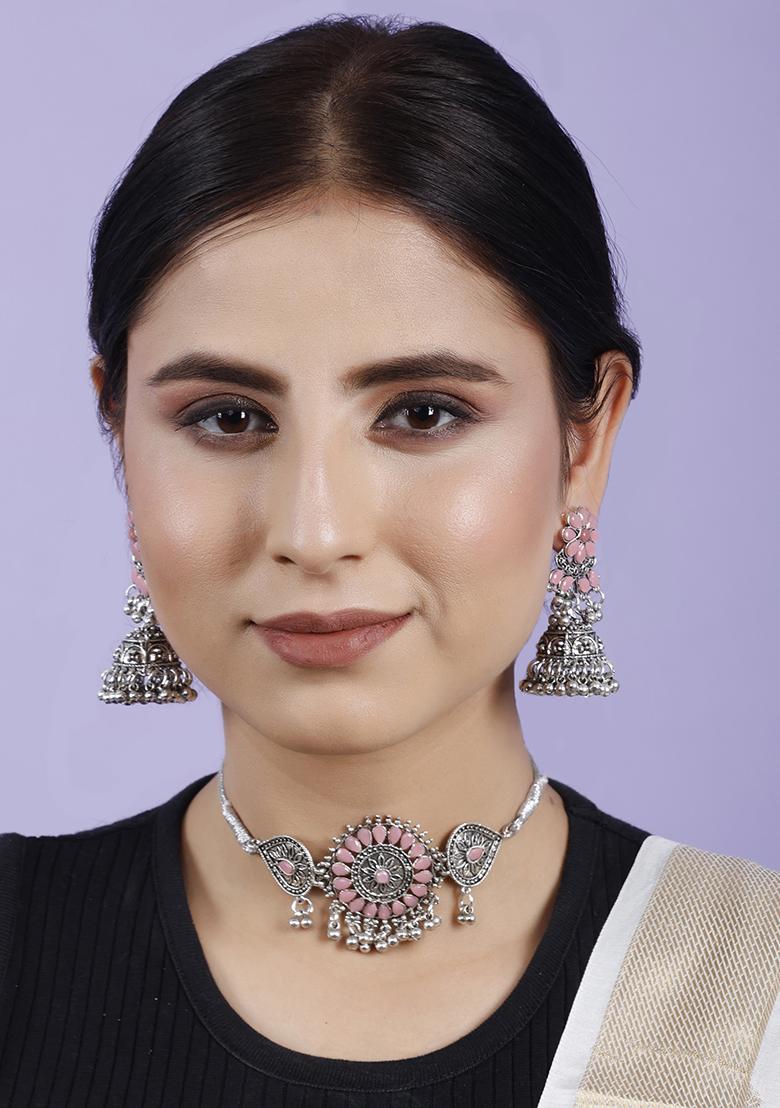 Silver Plated Pink Choker Alloy Necklace Set