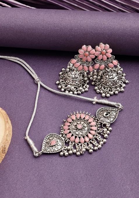 Silver Plated Pink Choker Alloy Necklace Set