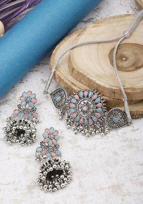 Silver Plated Multi Choker Alloy Necklace Set