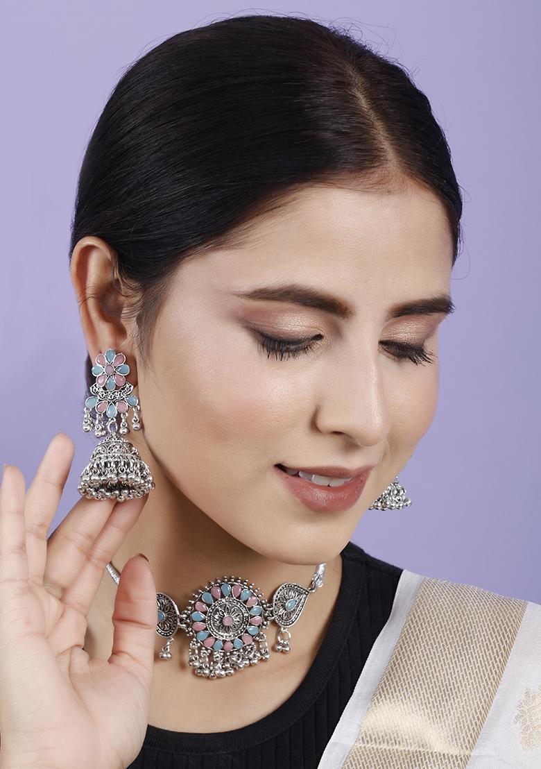 Silver Plated Multi Choker Alloy Necklace Set