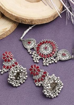 Silver Plated Maroon Choker Alloy Necklace Set