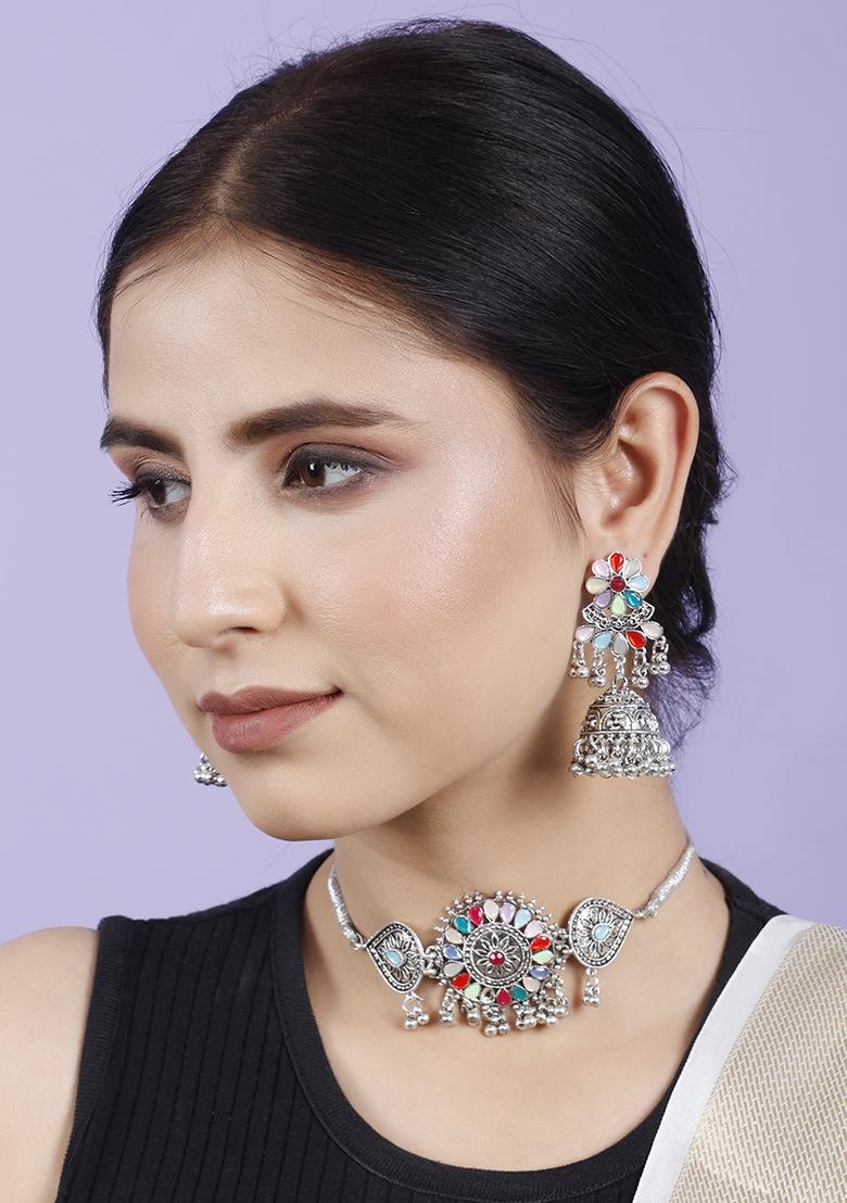 Silver Plated Multi Choker Alloy Necklace Set