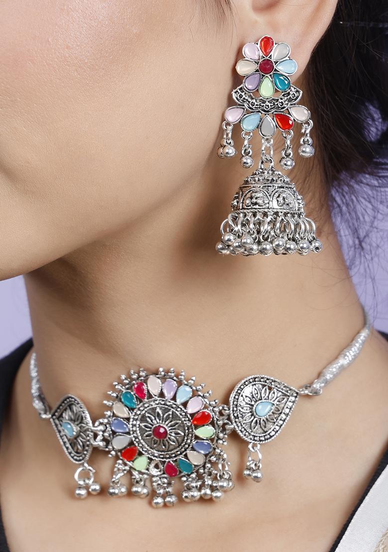 Silver Plated Multi Choker Alloy Necklace Set