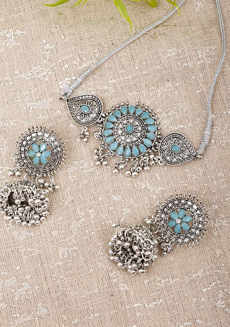 Silver Plated Blue Choker Alloy Necklace Set - Indya