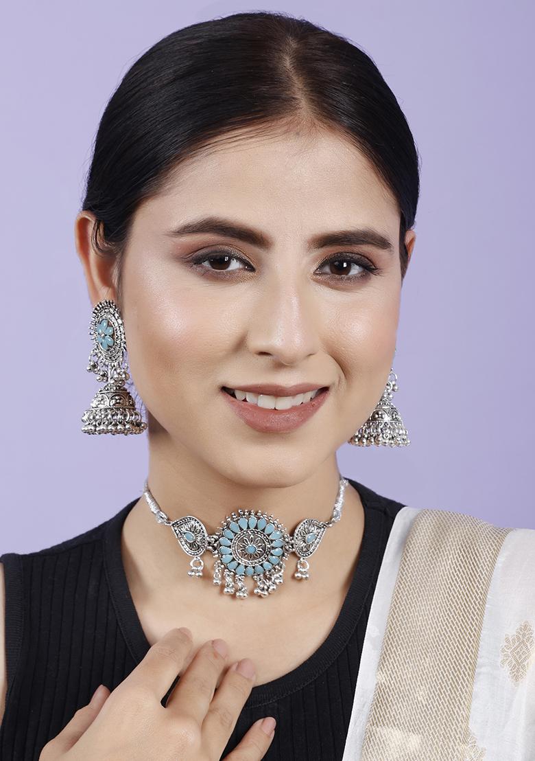 Silver Plated Blue Choker Alloy Necklace Set