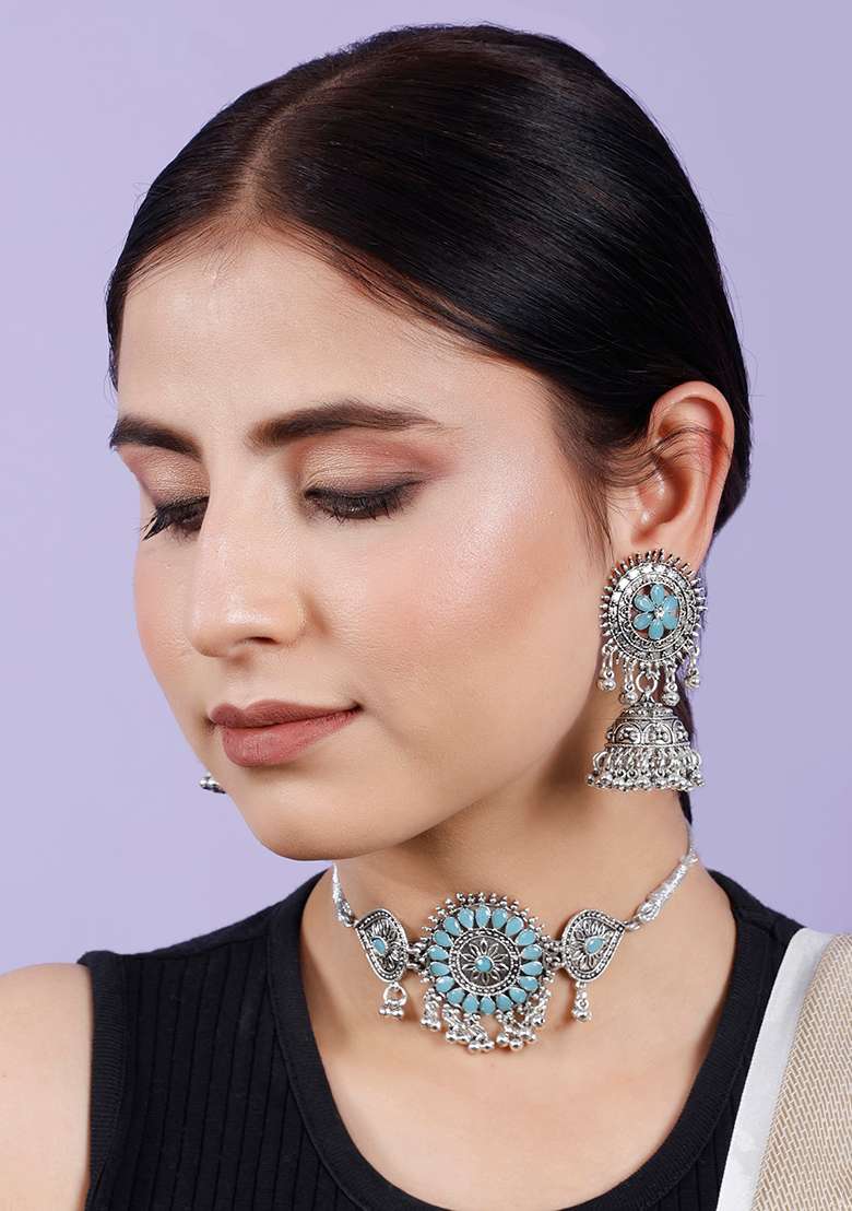 Silver Plated Blue Choker Alloy Necklace Set - Indya