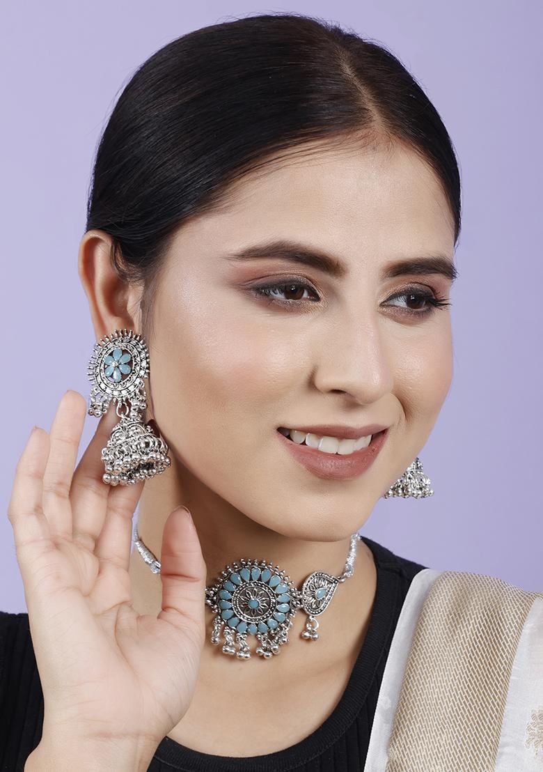 Silver Plated Blue Choker Alloy Necklace Set