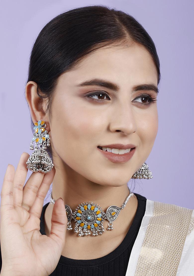 Silver Plated Multi Choker Alloy Necklace Set