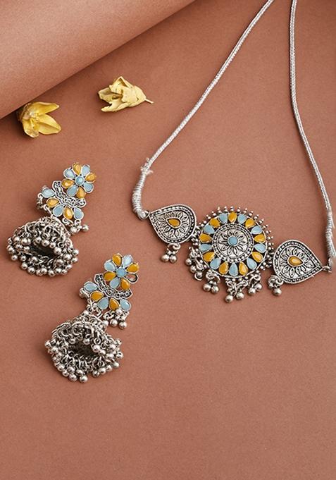 Silver Plated Multi Choker Alloy Necklace Set