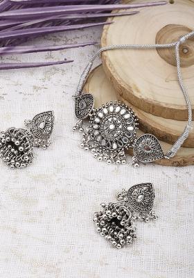 Silver Plated White Choker Alloy Necklace Set