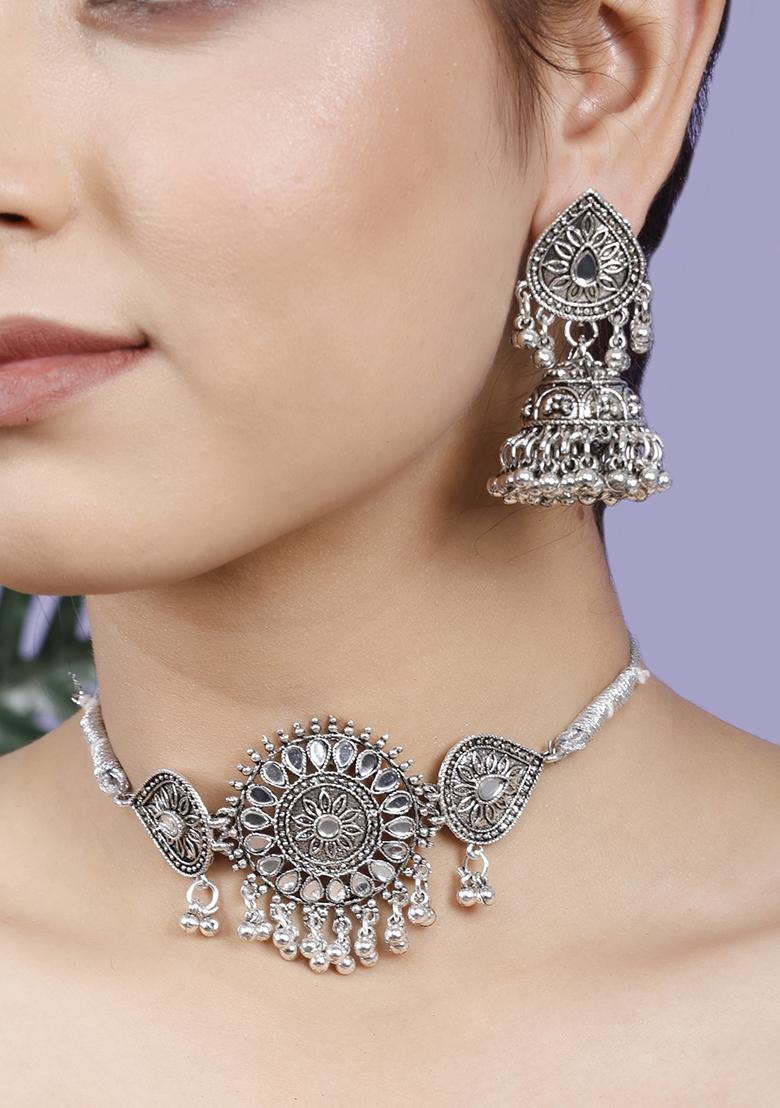 Silver Plated White Choker Alloy Necklace Set