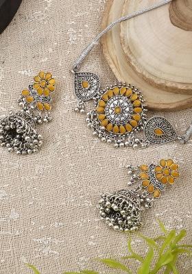Silver Plated Yellow Choker Alloy Necklace Set
