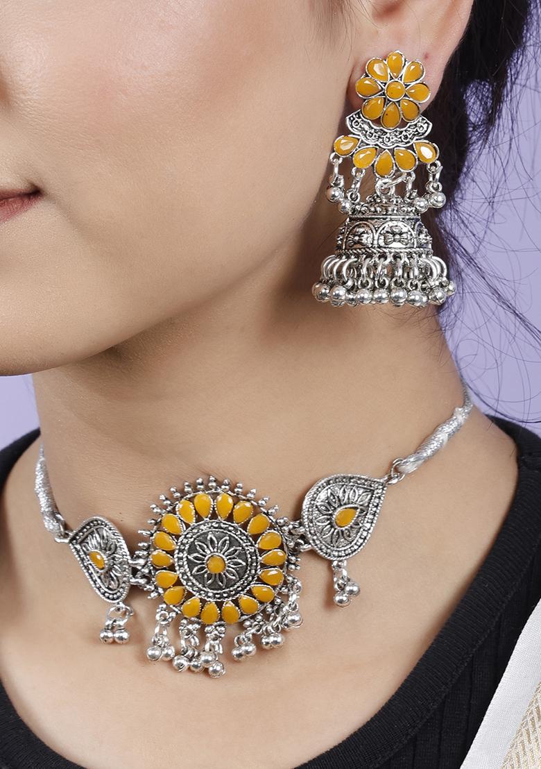 Silver Plated Yellow Choker Alloy Necklace Set