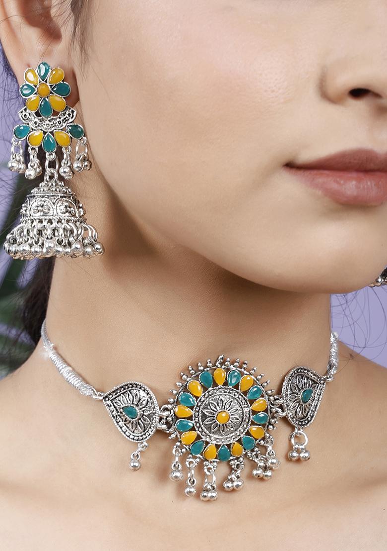 Silver Plated Multi Choker Alloy Necklace Set