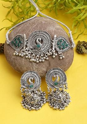 Silver Plated Green Choker Alloy Necklace Set