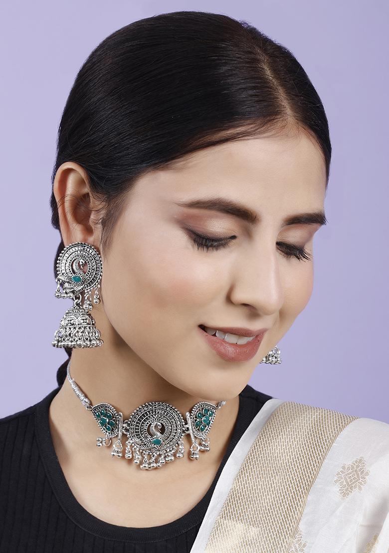 Silver Plated Green Choker Alloy Necklace Set