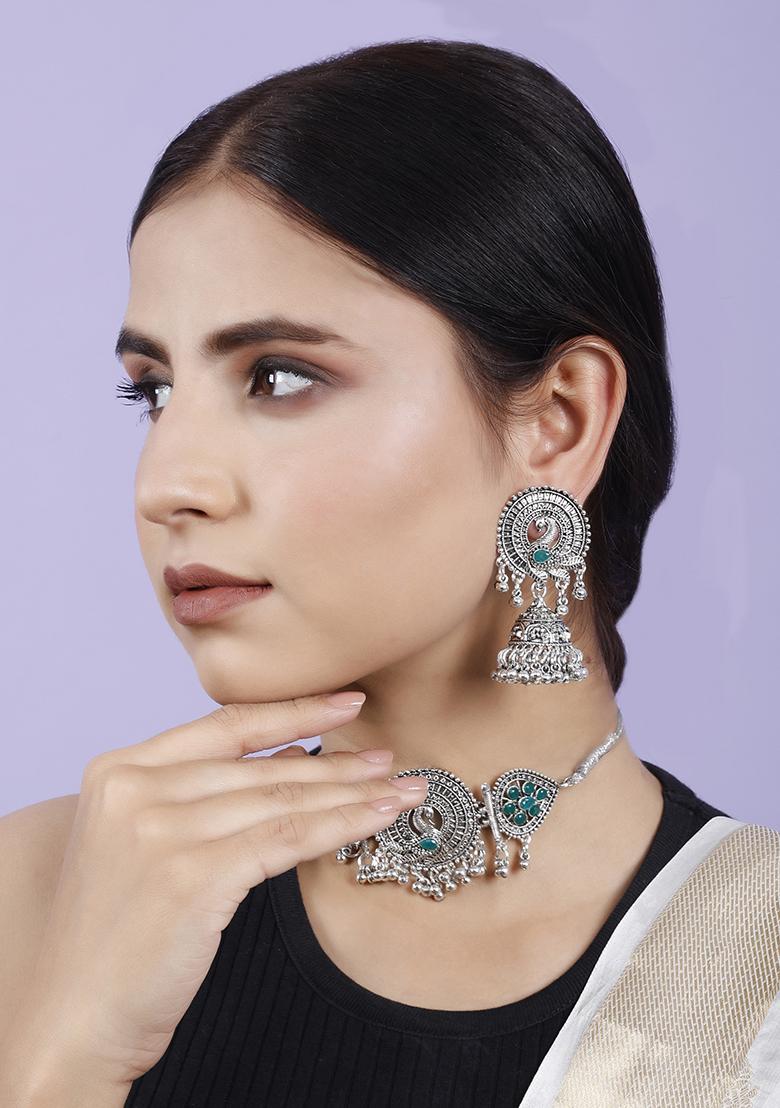 Silver Plated Green Choker Alloy Necklace Set