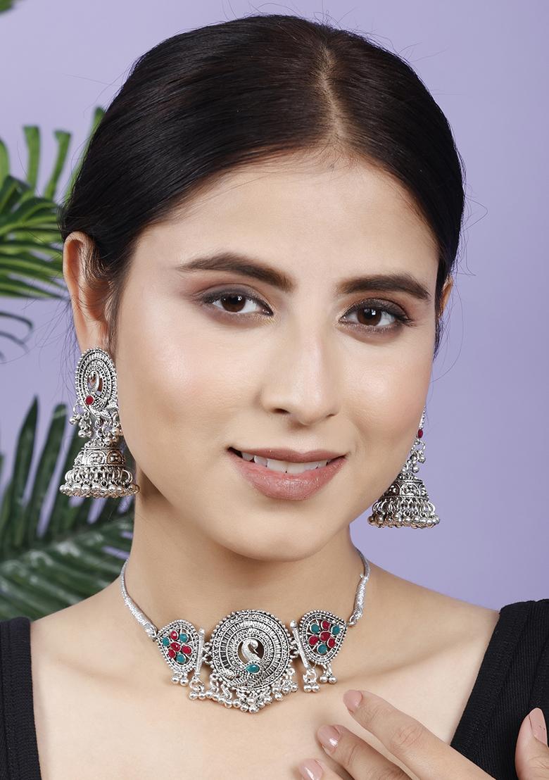 Silver Plated Multi Choker Alloy Necklace Set